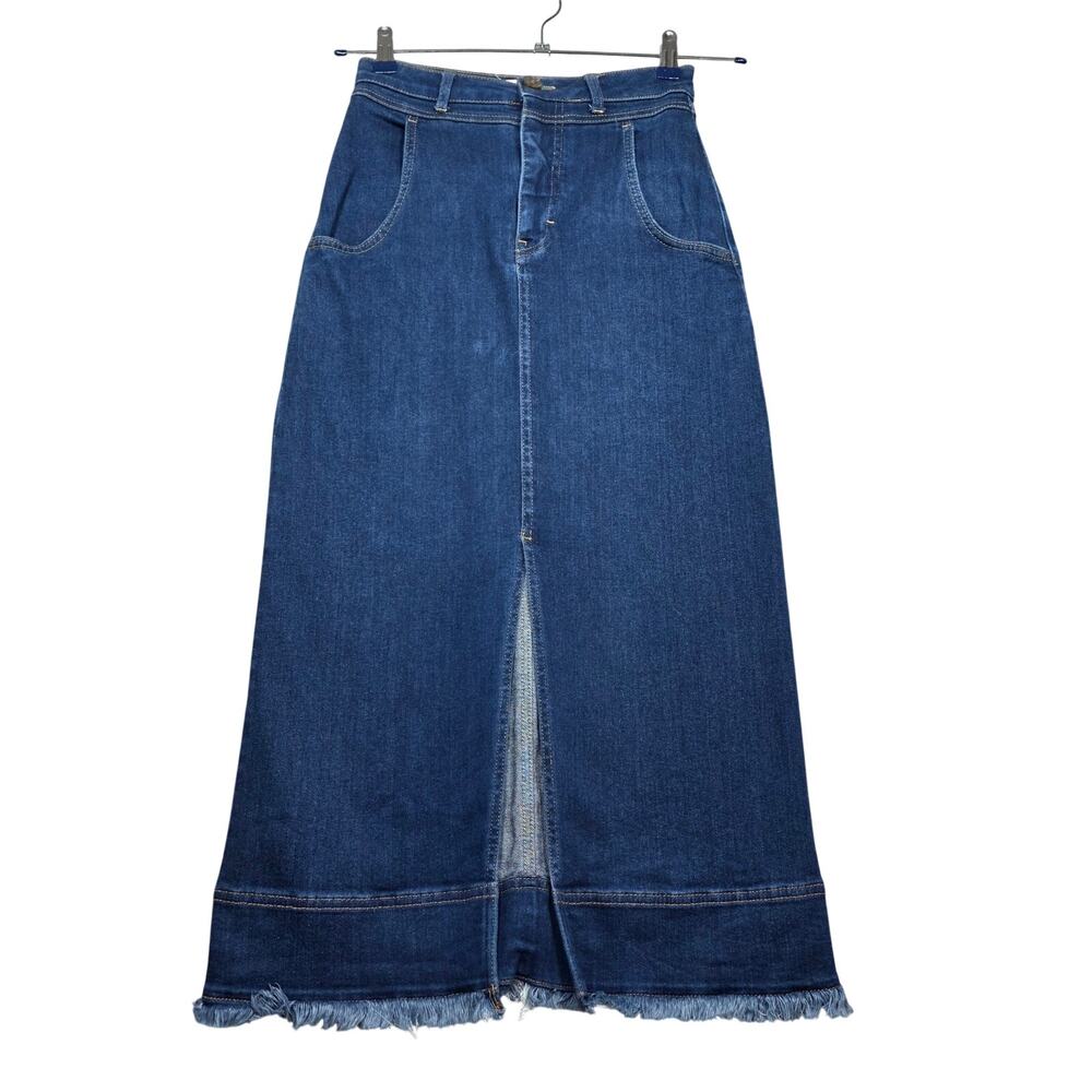 Pilcro Anthropologie Slit Front Raw Hem Denim Midi Skirt Size 0